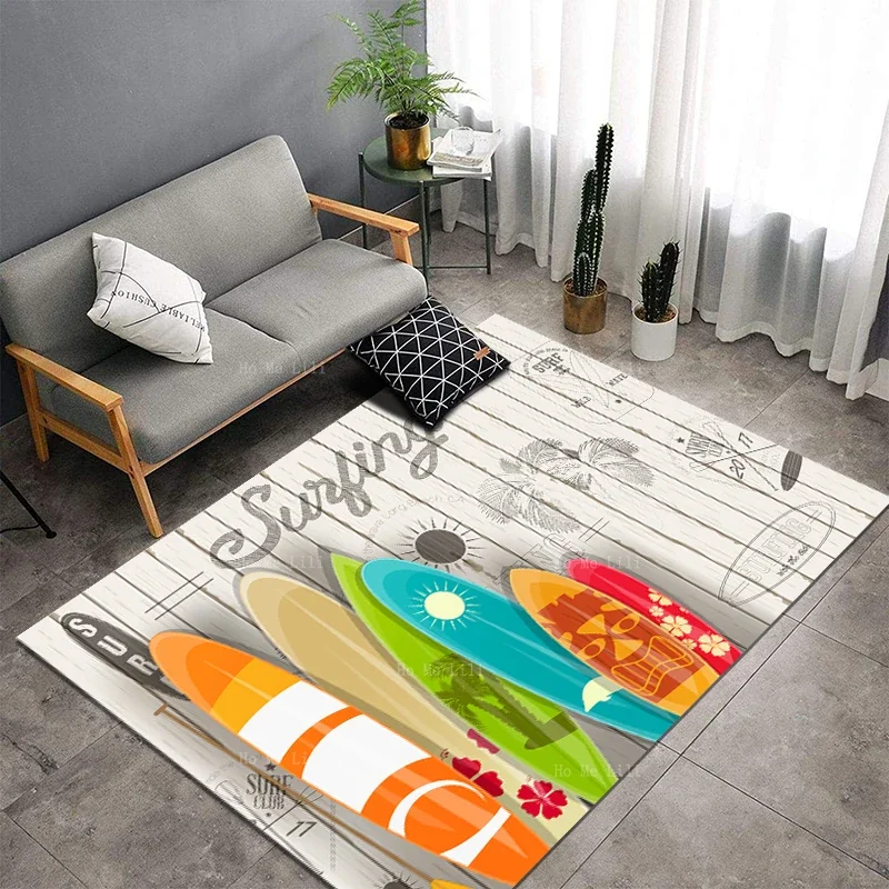 Summer Surfing Tropical Vintage Surfboard Palm Tree Wooden Plank Sunset Scenery Flannel Floor Rugs By Ho Me Lili Home Decor