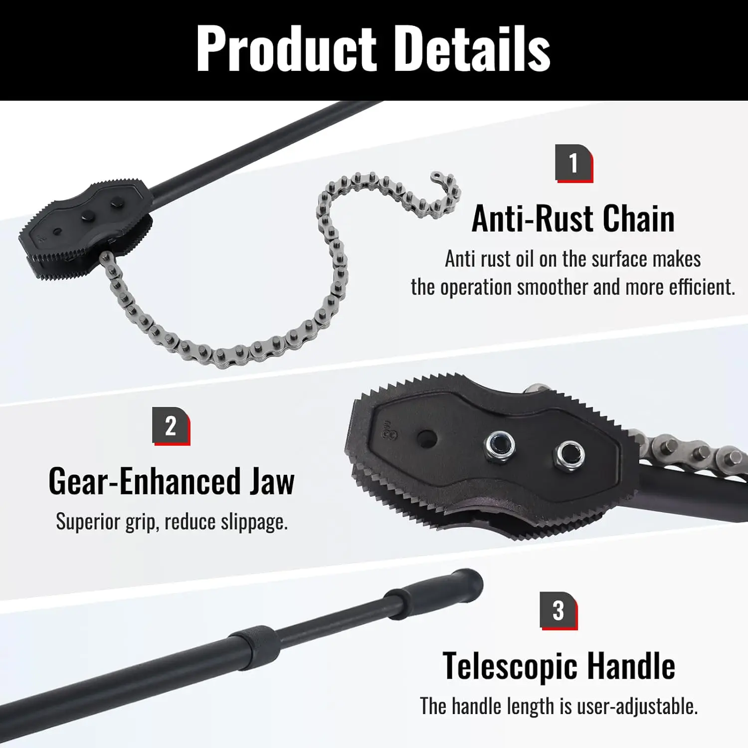 مفتاح ربط أنابيب السلسلة، ملقط سلسلة بطول سلسلة 41.3 بوصة وطول المقبض التلسكوبي 35.4 بوصة - 47.2 بوصة، مفتاح ربط، شعبي جديد