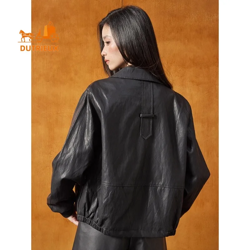 2025년 신상 가을 여성 패션 중간 길이 가죽 재킷, 100% 천연 양가죽, 심플하고 우아한 여성용 코트