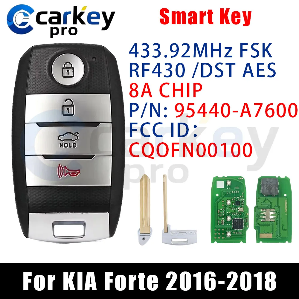 Автомобильный смарт-ключ Carkeypro 3+1 кнопки, 433 МГц, 95440-A7600, RF430 / DST AES / 8A CHIP CQOFN00100 для KIA Forte 2016-2018