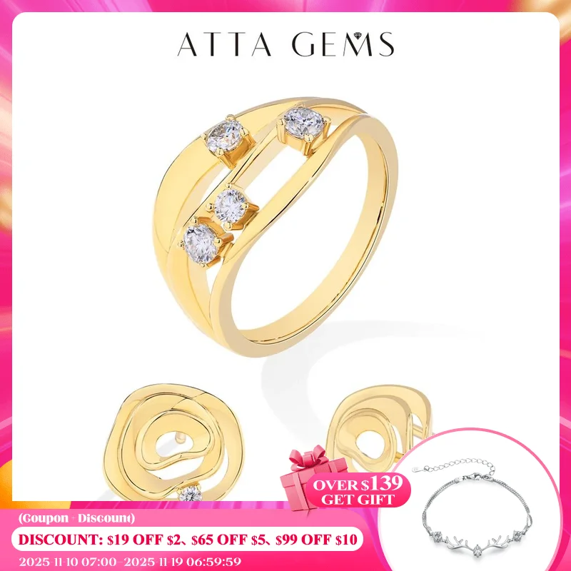 

ATTAGEMS Rose Moissanite Jewelry Set for Women Multi-layer Diamond Rings Stud Earrings S925 Sterling Silver Elegant Wedding Gift