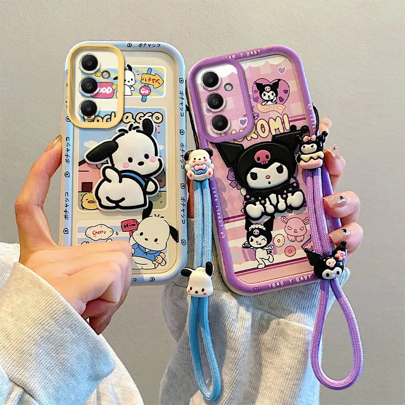 Cute Sanrio 3D Kuromi Pochacco Cartoon Phone Case for Samsung Galaxy A55 A25 A24 A23 A51 A52 A53 A54 Toy Hand Strap Soft Cover