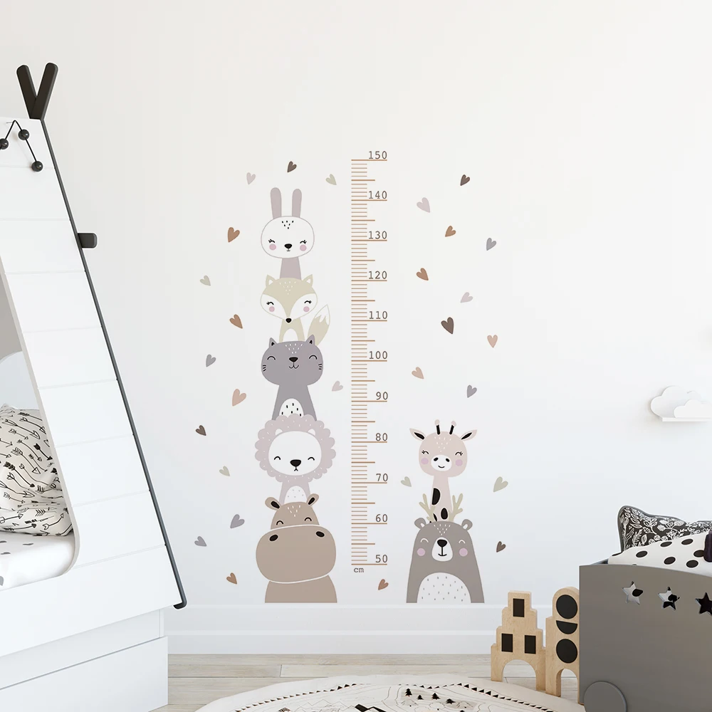 Animals Bear Lion Hearts Height Measurement Ruller Wall Stickers For Kids Rooms Cartoon Decorative 3D Kids Wall Nursery Decals