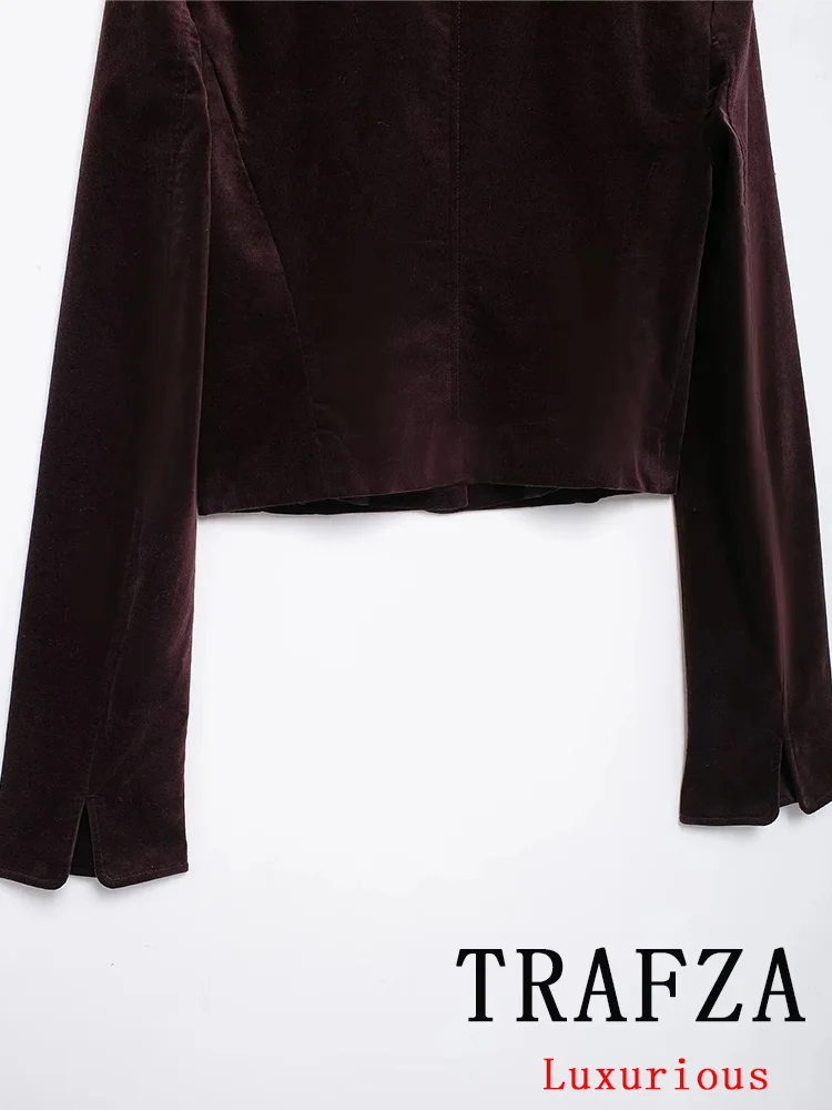 Trafza vintage casual chique sólido veludo feminino terno em linha reta blazers mini faixas saia fina moda 2024 outono inverno terno