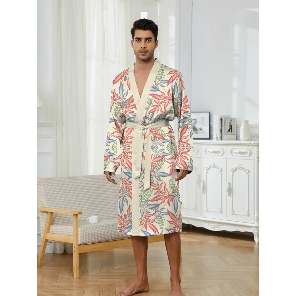 

Men's trendy casual colorful leaf print pattern home casual comfortable nightgown