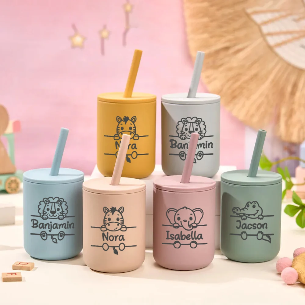 1pc Personalized Engraved Silicone Sippy Cup Custom Cartoon Animal Name Toddler Straw Training Cup, Baby Shower Gift