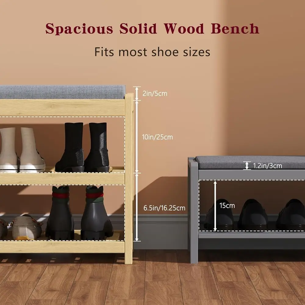 3-stöckige Schuhregalbank aus massivem Holz mit Stauraum, gepolstertem Sitz, für Eingangsbereich, Flur, Schmutzfänger – natürliches Finish