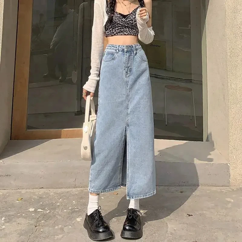 

Summer Autumn Pocket High-Waist Slit Denim Skirt For Women Streetwear Washed Retro A- Line Wrap Hip Straight Korean Long Skirt