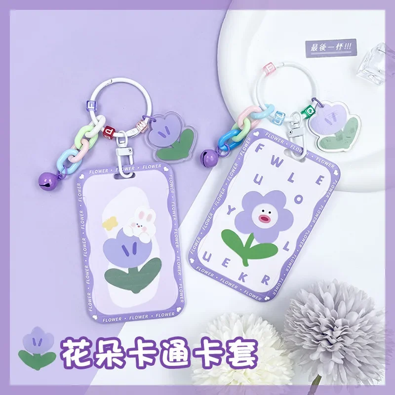 Funda con cordón para tarjeta de acceso, funda bonita con flores para estudiantes y Campus, funda con dibujos animados para autobús, funda para tarjeta de crédito