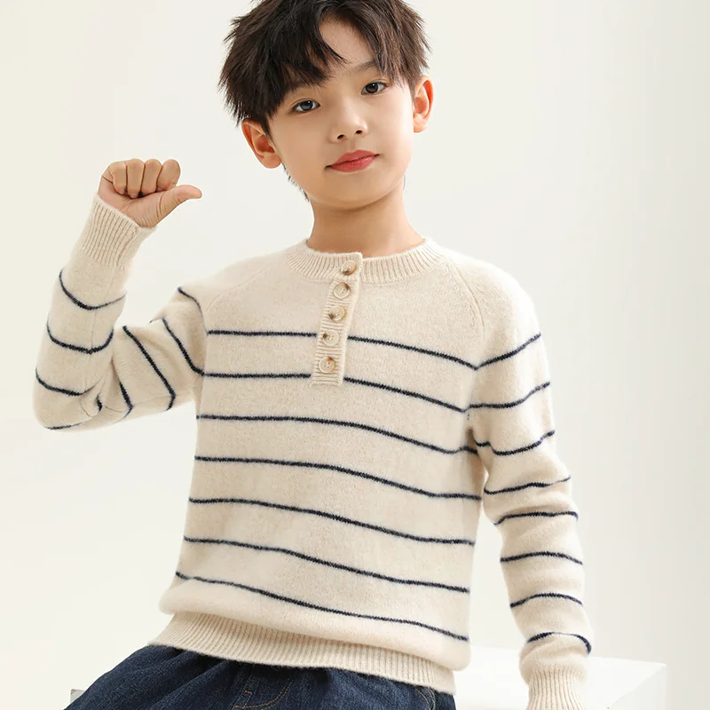 O-Neck  Unisex Style 100%  Merino Wool  Sweater Autumn And Winter  Pullover  Long Sleeve Knitwear Children's Clothing Tops view 3
