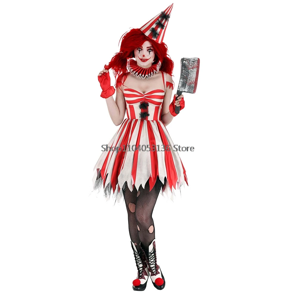 Dames Clown Kostuums Jurk Voor Vrouwen Cosplay Volwassen Vrouwelijke Carnaval Feest Enge Outfits Rode Witte Strepen Halloween Clown Kleding