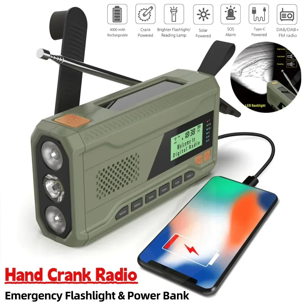 

4500 мАч DAB FM аварийное радио солнечный ручной генератор FM со светодиодным фонариком портативное метеорологическое радио SOS сигнализация Power Bank