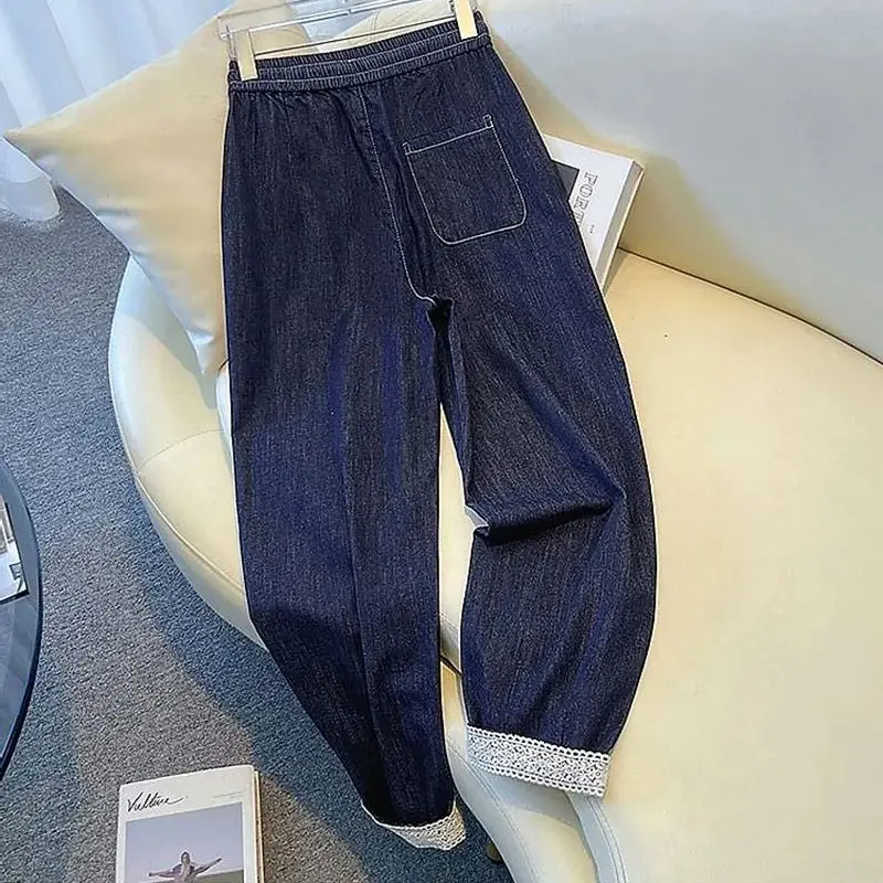 Jeans Haren azul profundo para mulheres, calças jeans soltas, cintura alta, emenda de renda, comprimento do tornozelo, macio, monocromático, novo, outono, 2022