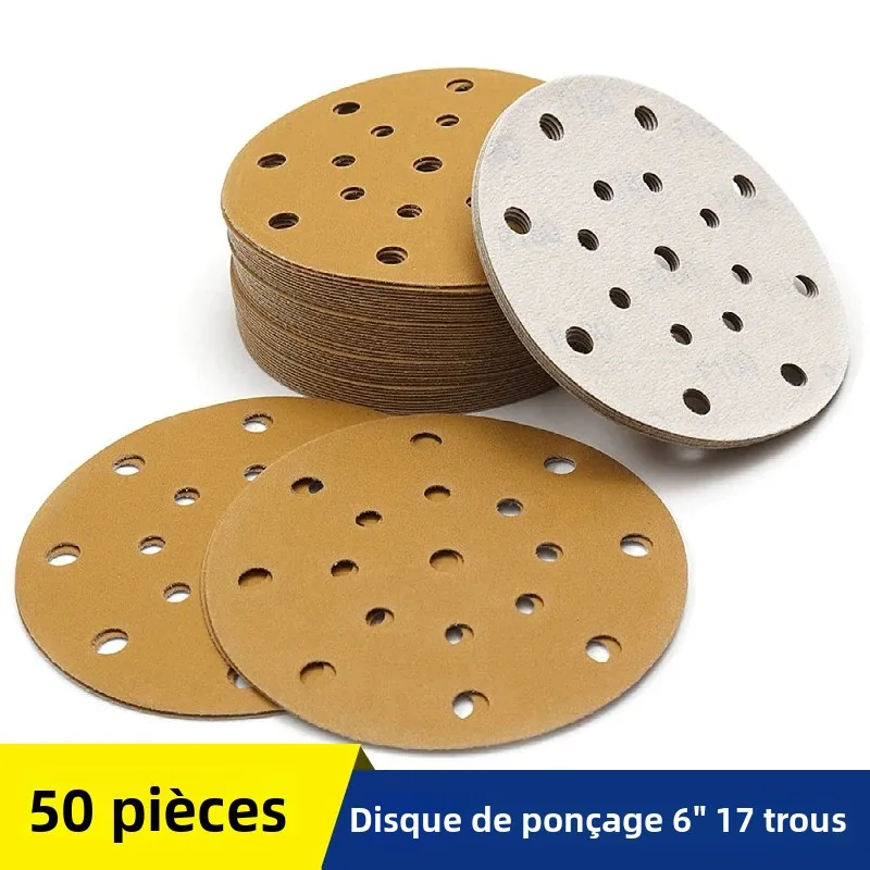 Disque de ponçage de 6 pouces, 50 pièces, papier de verre sec et humide avec support à crochet et boucle 17 trous pour ponceuse orbitale bois, métal, ponçage automatique, polissage