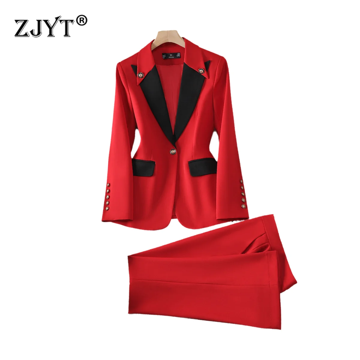 ZJYT Business Chic Women\'s Color Block Blazer Suits Pant Sets 2 Piece Formal Office Lady Outfit Plus Size Jacket Trousers Set