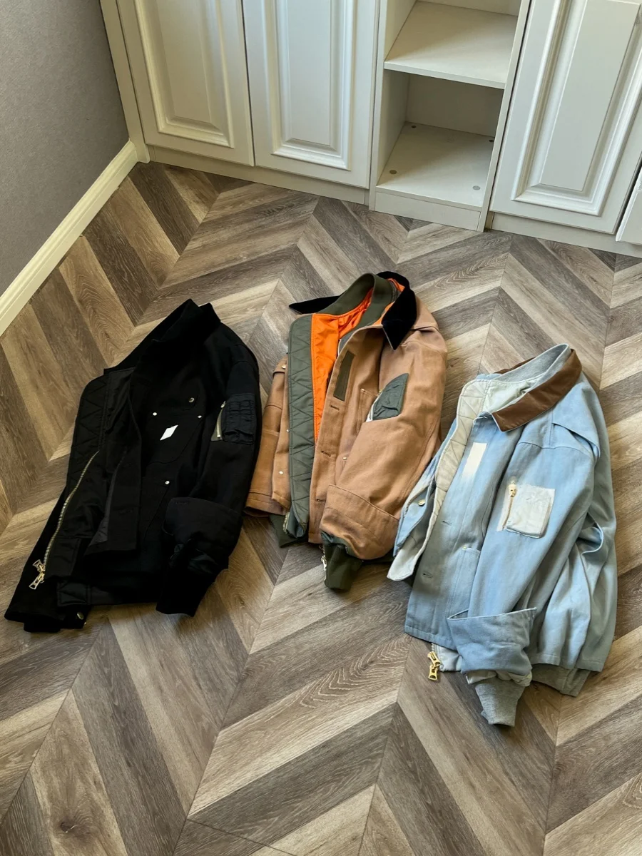 

Sunteeza Retro Deconstructed Detroit Workwear Jaet Outerwear Fake Two-Piece Sle Spring Autumn Winter Thiened Long Sve