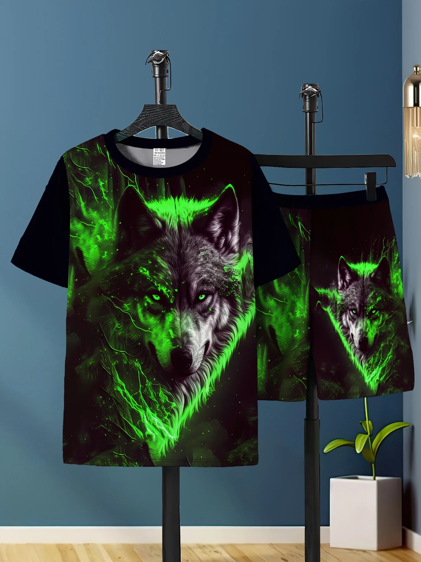 

2025 г., модный новый мужской и женский топ с 3D принтом зеленого волка, шорты с короткими рукавами, комплект из двух предметов