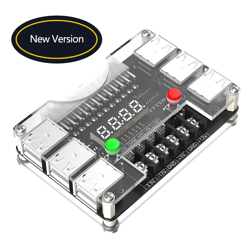 

ATX Power Supply Breakout Board Acrylic Case Kit 3.3V/5V/12V/-12V Output Voltage 12 Port USB 3A Maximum Output LED Light Display