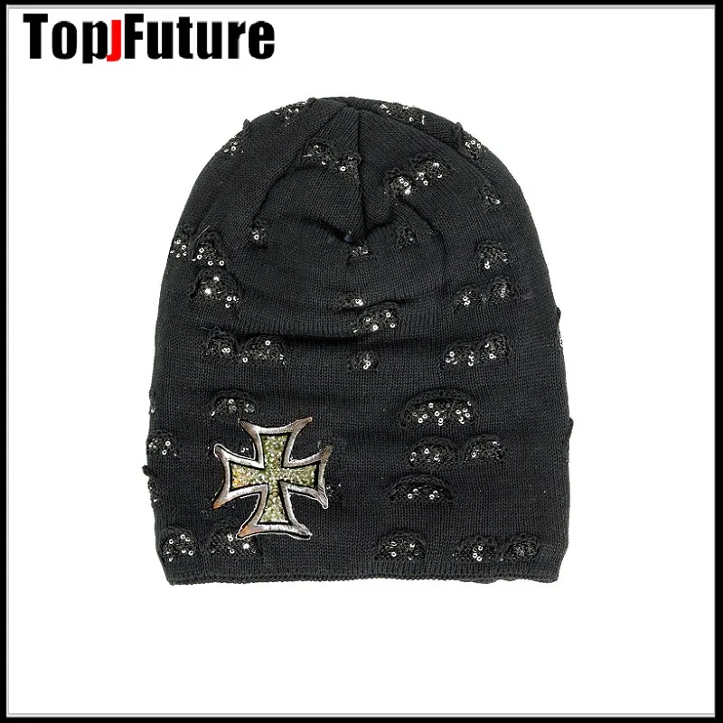 Jepang Harajuku Kawaii Hitam Usang Lubang Bling Bling Topi Salib untuk Wanita Anak Perempuan Musim Dingin Hangat Lambswool Topi Beanie Lucu