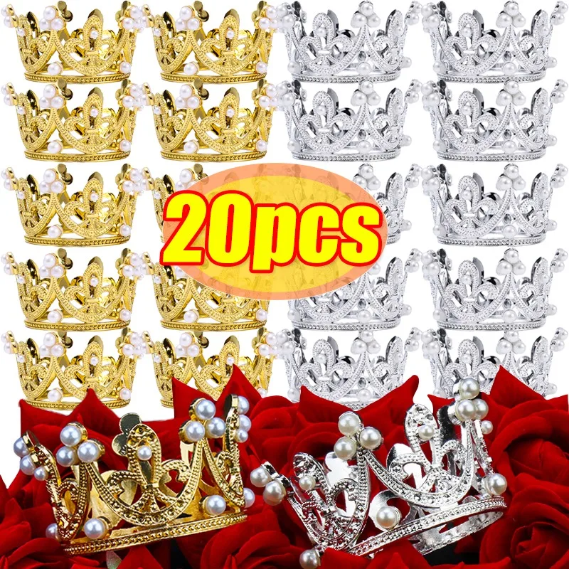 1-20Pcs Mini Crown Cake Decoration Pearl Tiara Gold Silver Crowns Cake Topper for Children Hair Ornaments Wedding Birthday Party