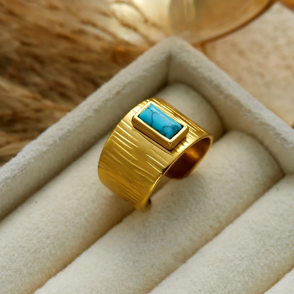 Edelstahl-Sonnen-Emaille-Blumen-Weizenblatt-Simulationsperlenringe für Damen und Herren, trendige, retro-inspirierte, geometrische Breitbandringe, Schmuck – Detail 21