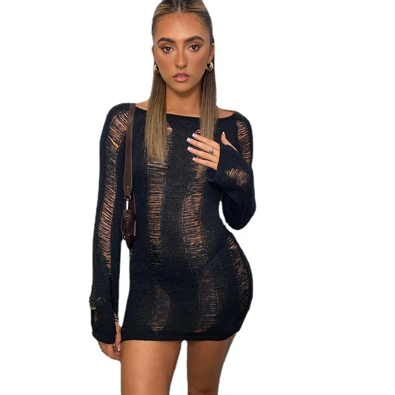 Sexy Slim-fit Dress for Women Hollow Backless Knitt Bodycon Dress Long Sleeve Mini Dress Evening Party Nightclub Women Clothing