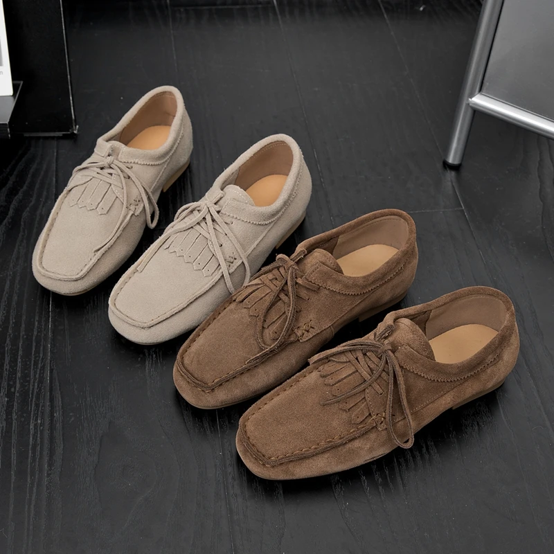 

AIYUQI 2025 женские лоферы из коровьей замши, туфли на плоской подошве с квадратным носком для женщин, большие размеры, женские мокасины на мягкой подошве с неглубоким носком