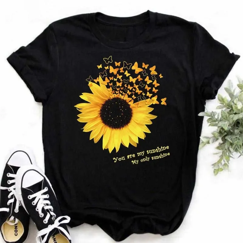 Maycaur Women's T-shirt Casual Sunflower Butterfly Pattern Print Tshirt Comfortable Casual Women's Clothing Black Top