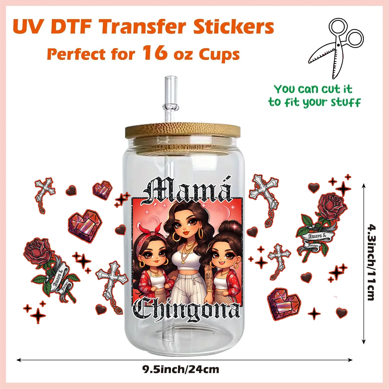 สติกเกอร์ติดแก้วแบบลอกง่าย กันน้ำ ลาย DIY 3 มิติ สำหรับคุณแม่และลูกๆ  แบบ UV DTF ขนาด 16 ออนซ์  พร้อมซีลปิดผนึก
