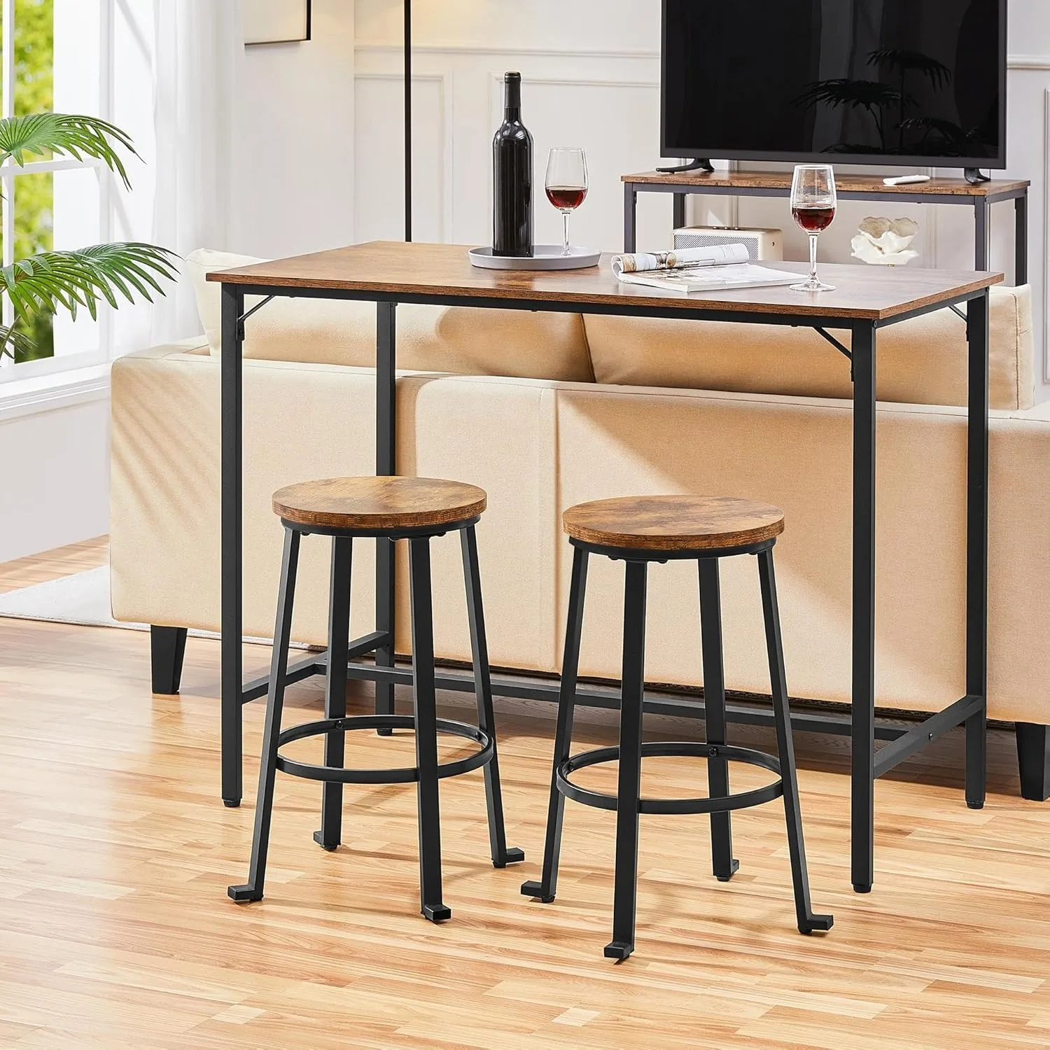 Banco de bar estilo industrial de 24", banco redondo marrom sem encosto com pernas e apoio para os pés de metal resistente, para bar, pub, caverna masculina