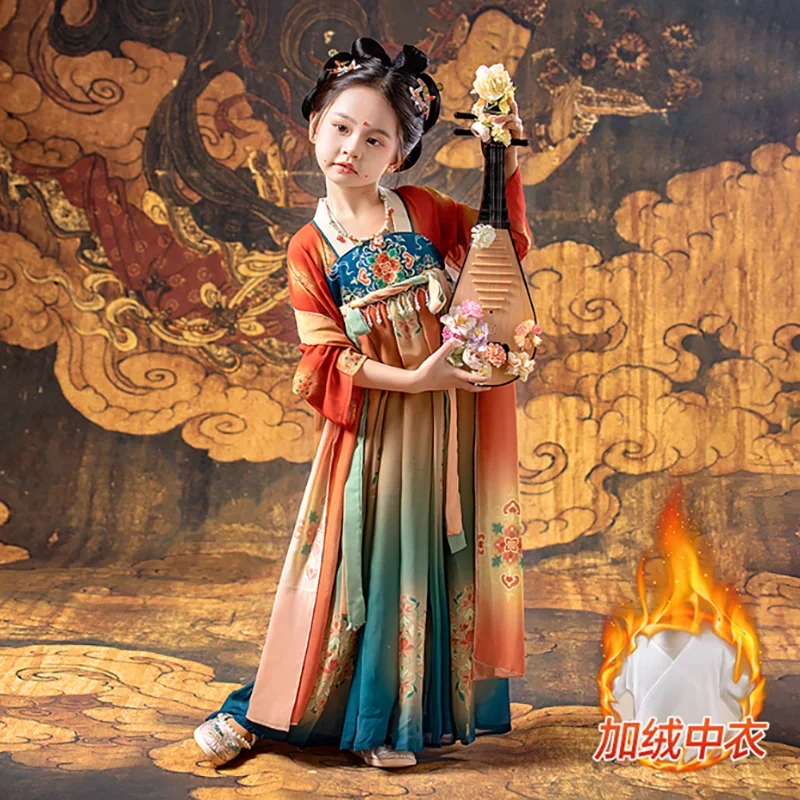 

Танцевальное платье Dunhuang, зимнее плотное платье ханьфу, детский карнавальный костюм для девочек, древние китайские комплекты ханьфу для девочек от 2 до 15 лет