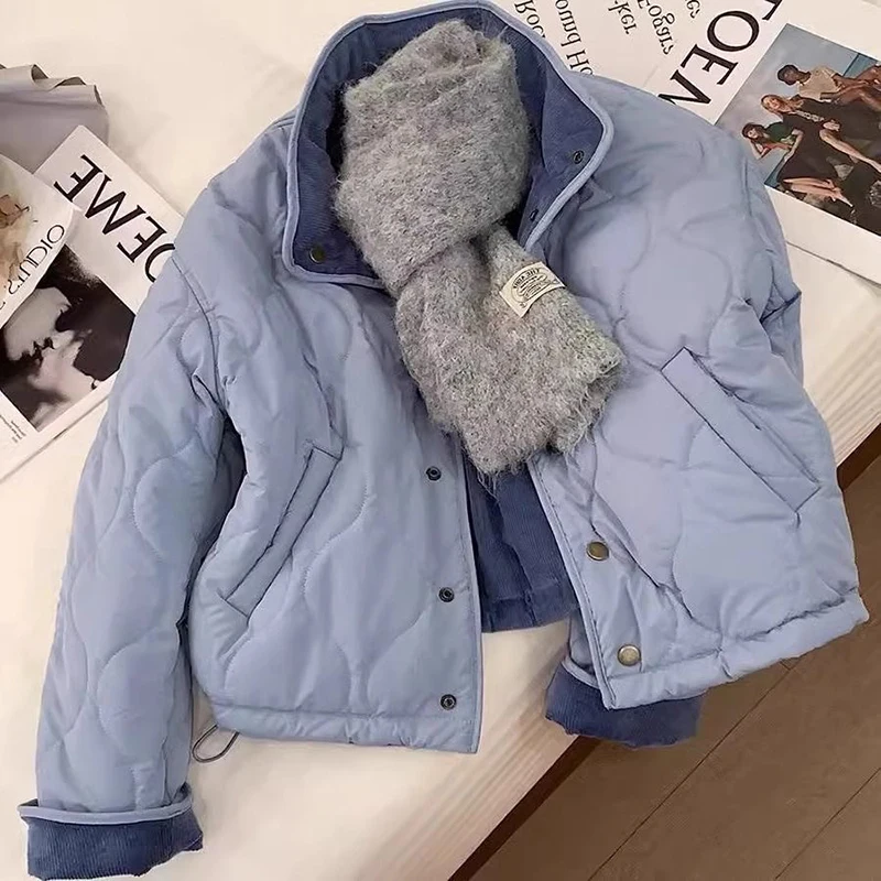 Soft Blue Women Padded Jacket Diamond Quilted Snap Button Coat Ribbed Cuffs Loose Oversized Winter Outerwear Top