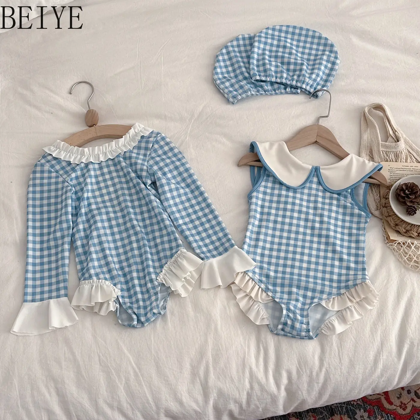 Girls' Swimsuit 2026 Summer Long-sleeve Sun Protection One-piece Swim Suit for Girls Baby Girl's Separates Plaid Swimwear Set
