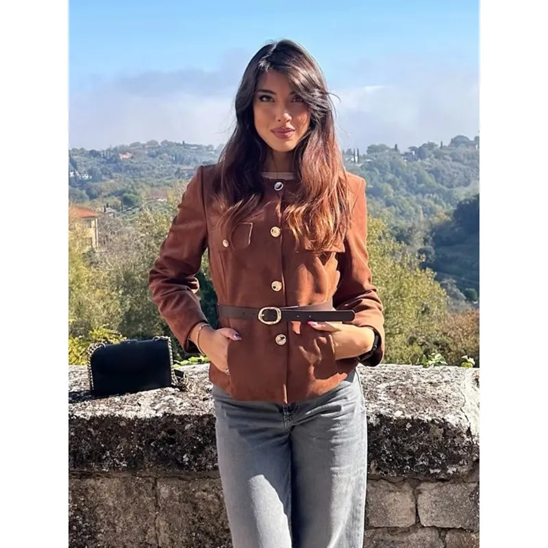 Suede Texture Round Collar Cropped Blazer Jacket Metal Buttons Flap Pockets Matching Belt Fitted Vintage Spring Autumn Coat