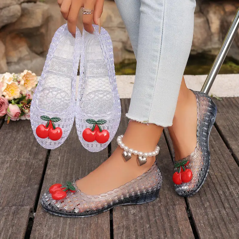 Cute Cartoon Cherry Transparent Jelly Shoes Women Summer 2026 Comfort Thick Bottom Hollow Out Clogs Sandals Women Ballet Flats view 3