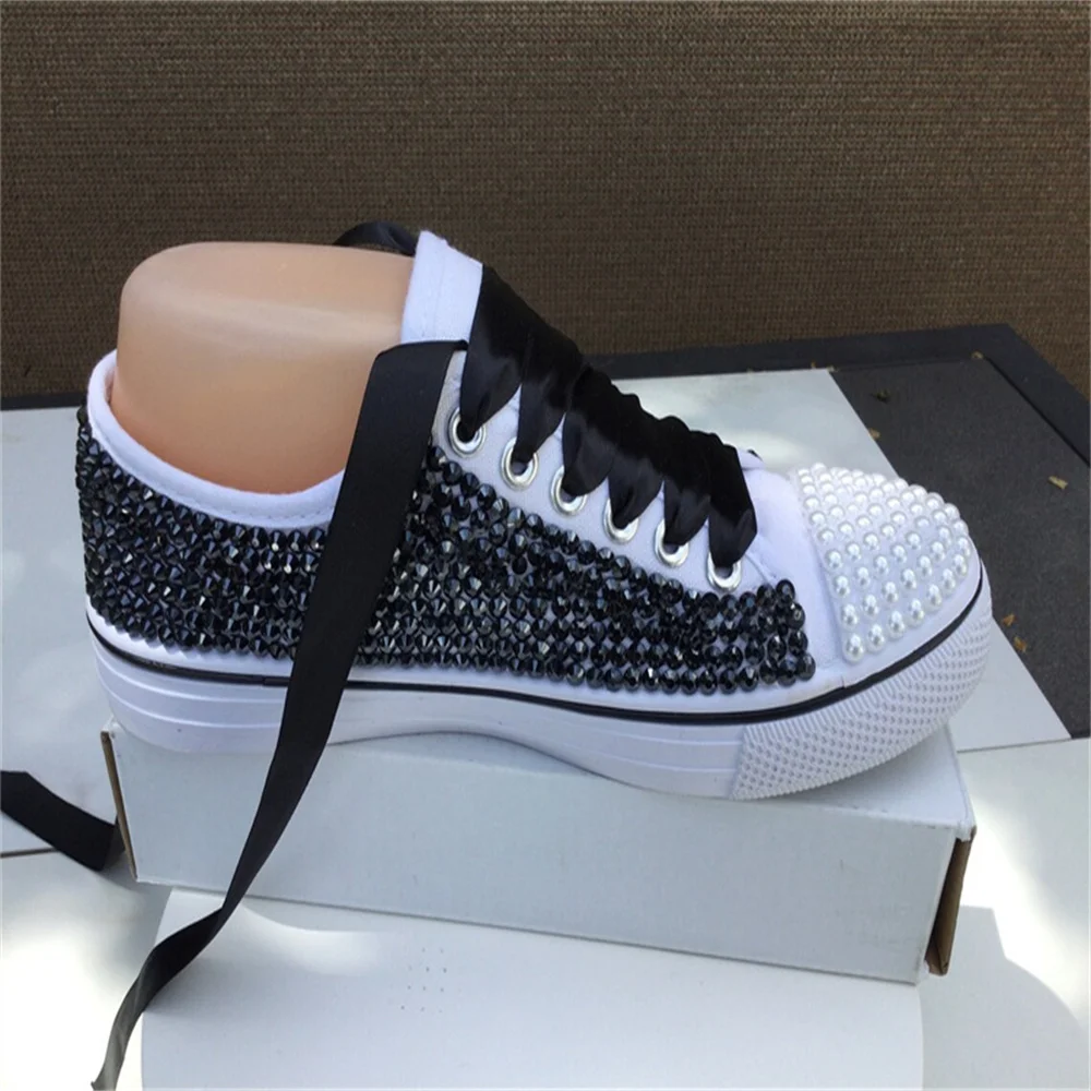 White low top black rhinestone pearl accessories customized style canvas shoes integrated sports casual shoes women\'s shoes35-46