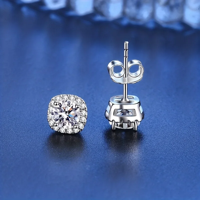 Classic 925 Sterling Silver Square Shape Sparkling Moissanite Stud Earrings For Women Delicate Bohemian Fine Jewelry Gift