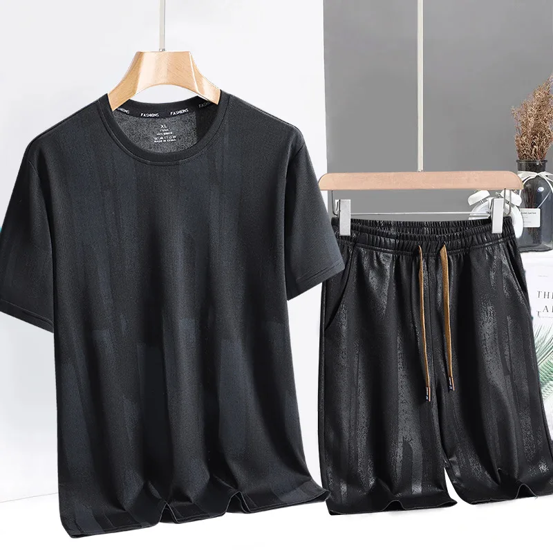 25 Summer Ice Silk Sports Suit Men's Printed Short-Sleeved T-Shirt Quick Dry Gym Clothing Men Clothing