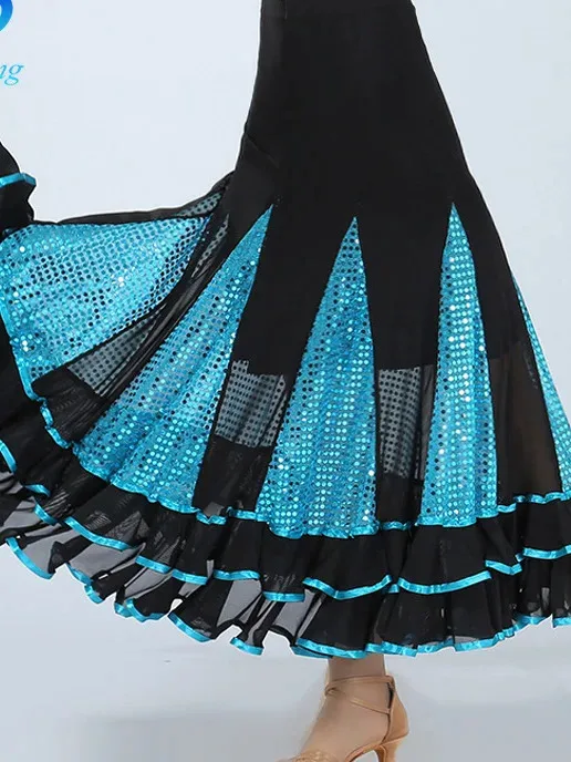 New Mesh Large Swing Dance Skirt Modern Dance Dress Sequin Long Skirt Ballroom Dance Clothes National Standard Waltz Skirt