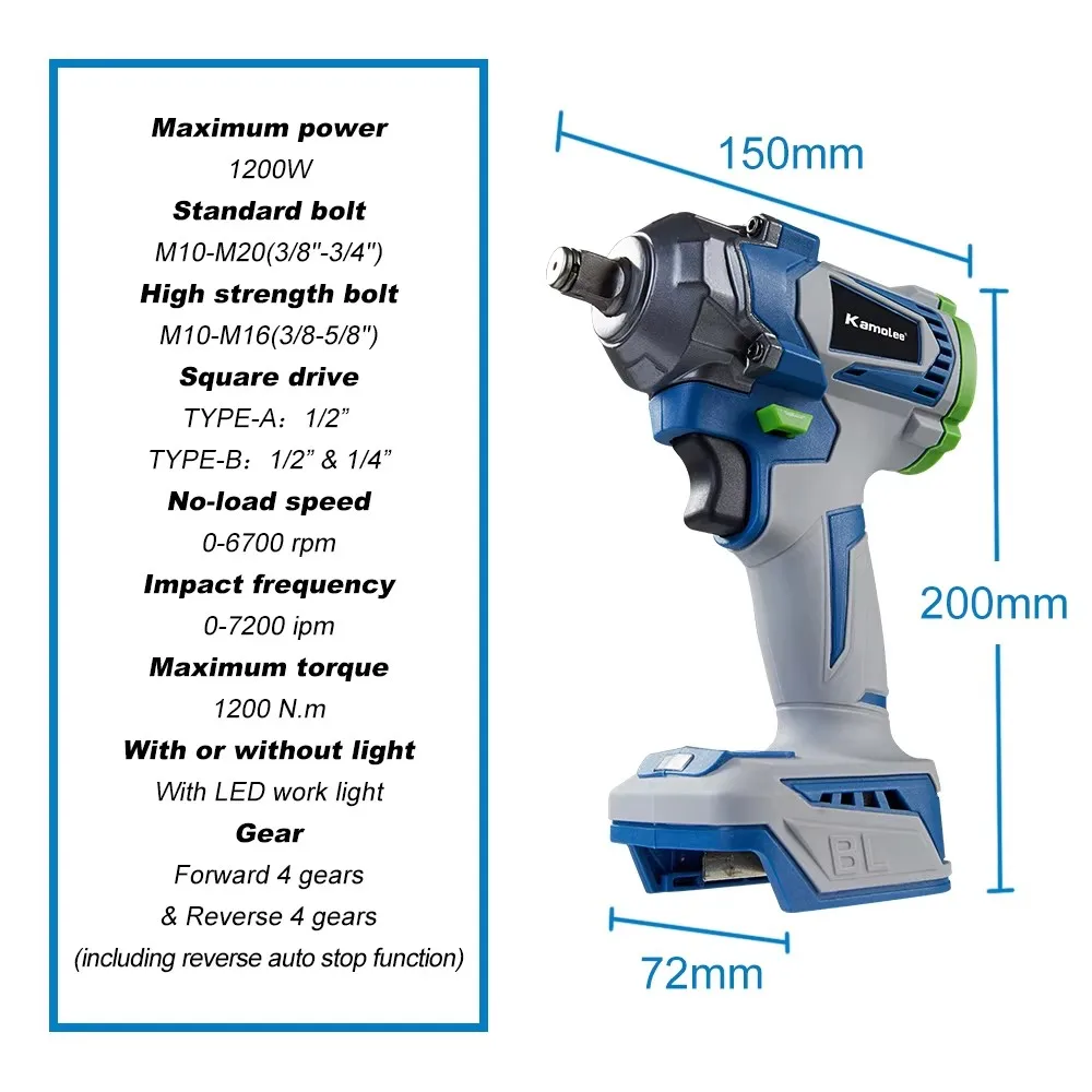 Kamolee 1200 N.m wireless charging impact wrench home electric wrench assembly/maintenance tool compatible with Makita18V battey