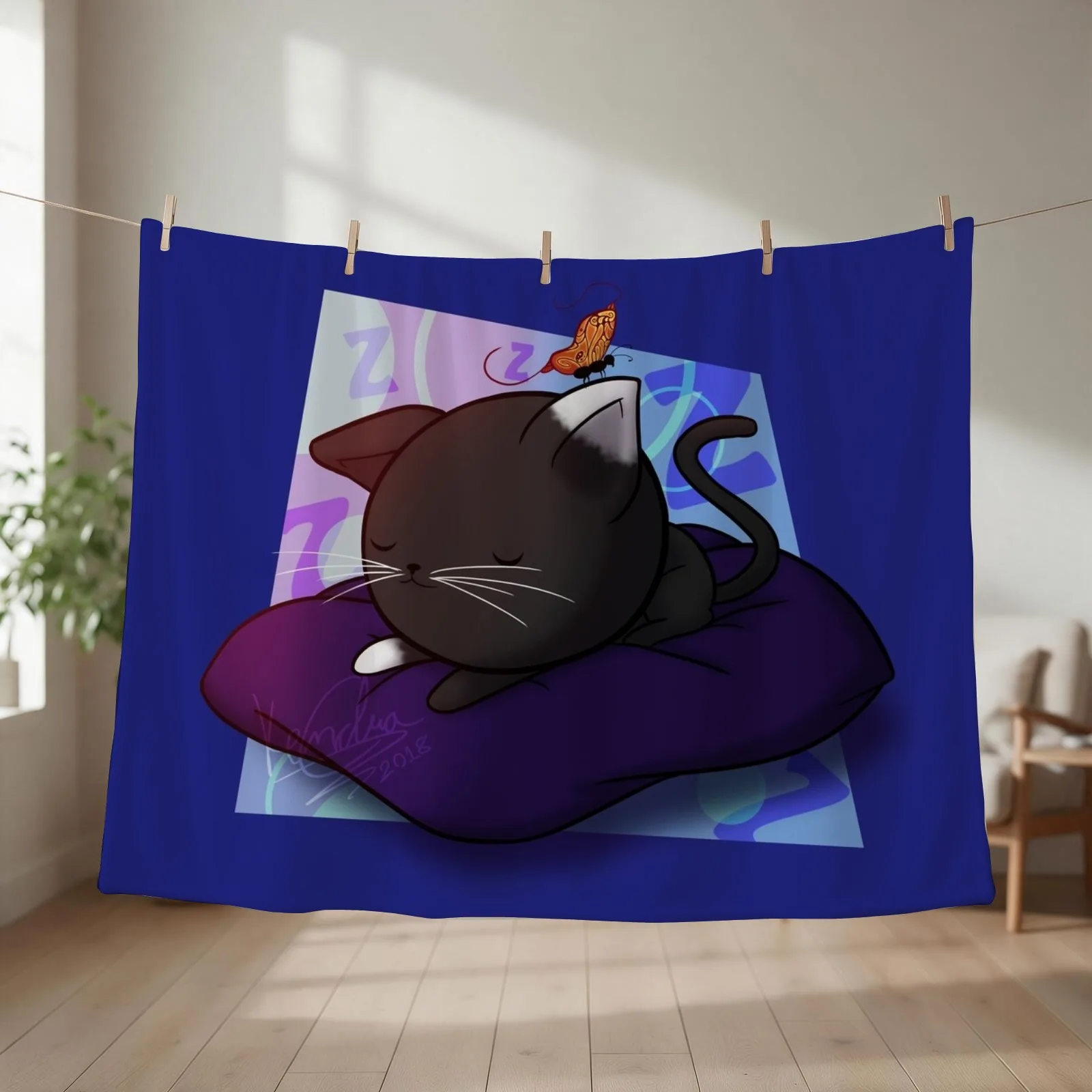 Sleepy Chibi Kitty Throw Blanket couch cozy soft plush fuzzy picnic outdoor blanket
