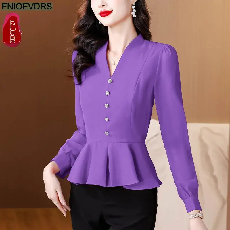 Office Shirts Basic Wear New Design Women 2024 Autumn Spring Work Lady V Neck Long Sleeve Black Purple Ruffles Peplum Top Shirt