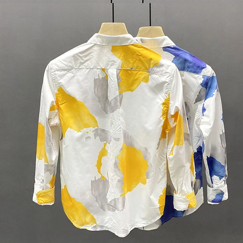 Camisa de manga larga con cuello vuelto para hombre, camisa de retazos con botones estampados, Tops de algodón puro de estilo coreano, primavera y otoño, nueva moda