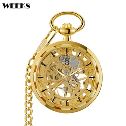 Reloj de bolsillo mecánico con números romanos para hombre y mujer, cronógrafo de lujo, hueco, Steampunk, dorado, esqueleto dorado, cadena Fob, regalo de colección