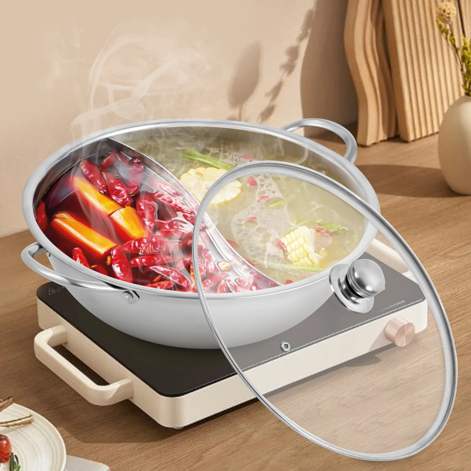 Olla caliente con divisor, olla de acero inoxidable con tapa, juego de ollas de cocina para cocinas de inducción, cocinas de gas y ollas de 28 cm
