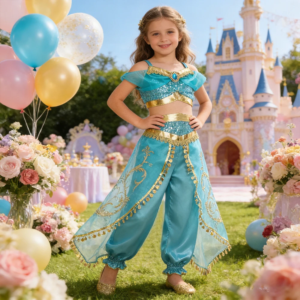 

Sequin Girls Jasmine Princess Cosplay Costumes Magic Lamp Perform Carnival Outfits Party Vestidos Arabian Fancy Dress Up 2-10T