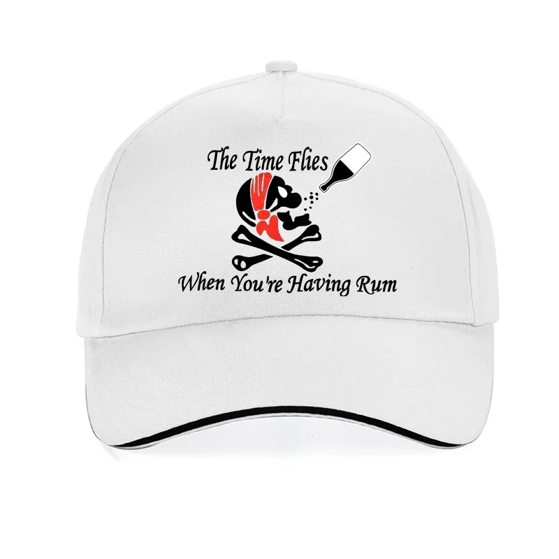 funny jolly roger skull bone drinking men hat the time flies when you are having rum for wine bar decoration Baseball Cap