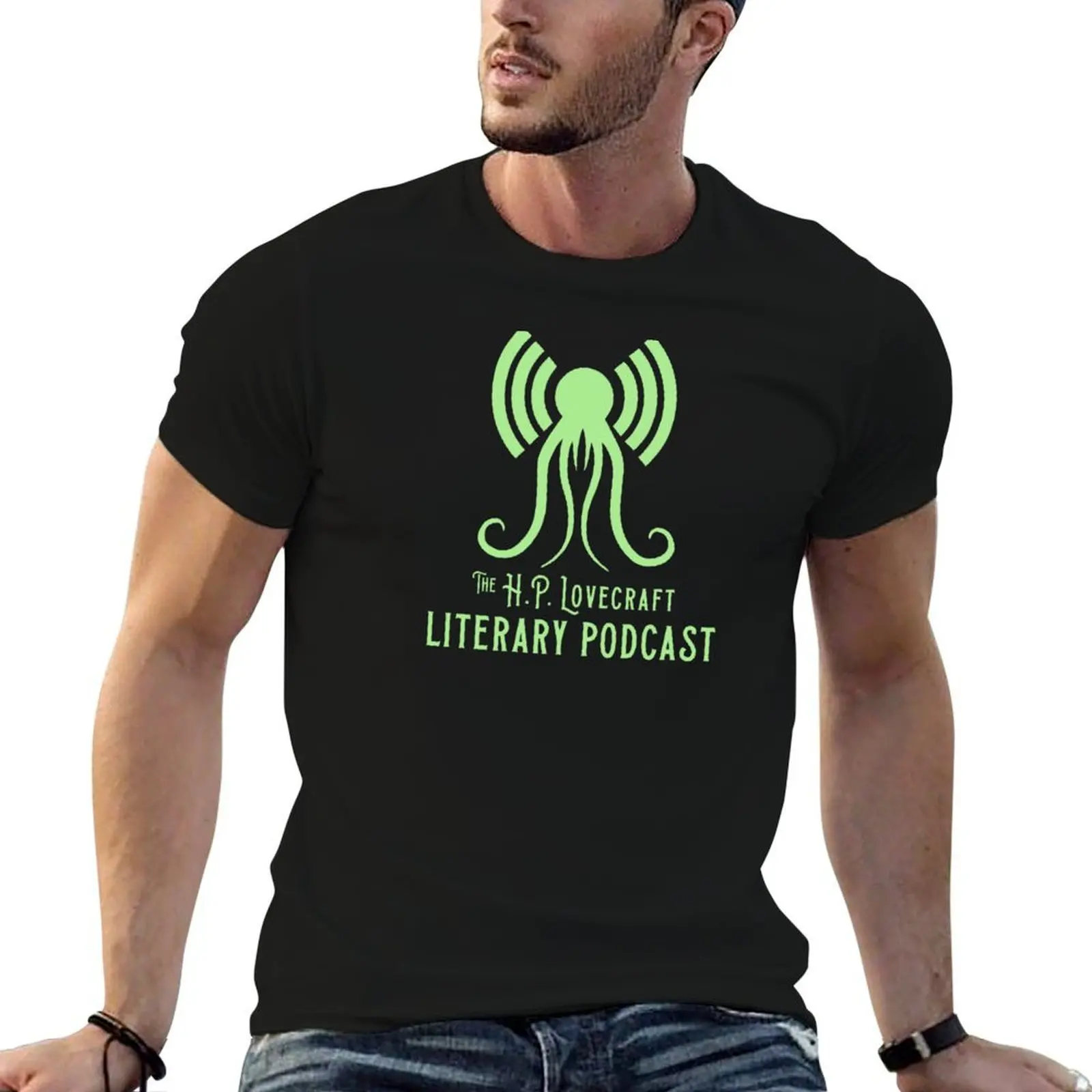 The H.P. Lovecraft Literary Podcast Logo and Title - Green T-Shirt anime tshirt t shirt man cotton man t shirt luxury T-shirt