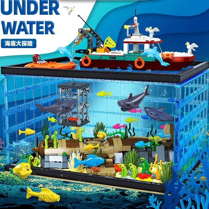 

1519PCS Aquarium Scene With LED Light Underwater Landscape Building Blocks Desktop Collectible Ornament Toy For Boys