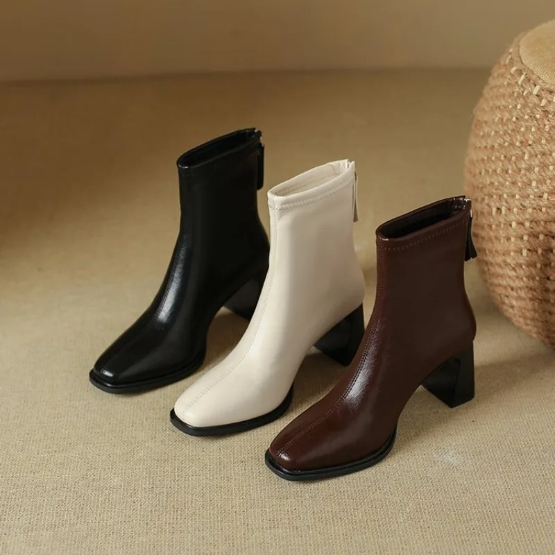 

Vintage Warm Cotton Women Ankle Boots Fashion Elegant Square Toe Shoes Autumn Winter Thick Heel Women's Short Booties Small size